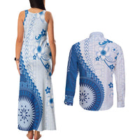 Bula Fiji Couples Matching Tank Maxi Dress and Long Sleeve Button Shirt Blue Plumeria Masi Tapa Pattern LT05 - Polynesian Pride