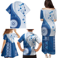 Bula Fiji Family Matching Puletasi and Hawaiian Shirt Blue Plumeria Masi Tapa Pattern - Polynesian Pride
