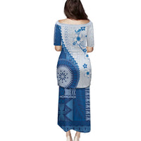 Bula Fiji Family Matching Puletasi and Hawaiian Shirt Blue Plumeria Masi Tapa Pattern - Polynesian Pride