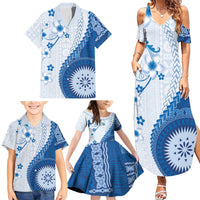 Bula Fiji Family Matching Summer Maxi Dress and Hawaiian Shirt Blue Plumeria Masi Tapa Pattern - Polynesian Pride