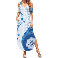 Bula Fiji Family Matching Summer Maxi Dress and Hawaiian Shirt Blue Plumeria Masi Tapa Pattern - Polynesian Pride