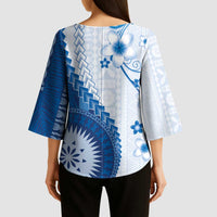 Bula Fiji Kimono Sleeve Blouse Blue Plumeria Masi Tapa Pattern - Polynesian Pride