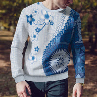 Bula Fiji Ugly Christmas Sweater Blue Plumeria Masi Tapa Pattern - Polynesian Pride