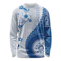 Bula Fiji Long Sleeve Shirt Blue Plumeria Masi Tapa Pattern - Polynesian Pride