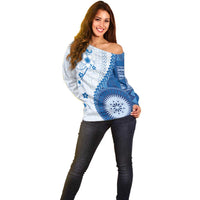 Bula Fiji Off Shoulder Sweater Blue Plumeria Masi Tapa Pattern LT05 - Polynesian Pride