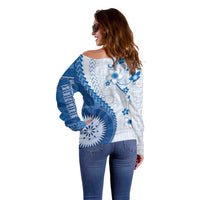 Bula Fiji Off Shoulder Sweater Blue Plumeria Masi Tapa Pattern LT05 - Polynesian Pride
