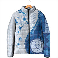 Bula Fiji Padded Jacket Blue Plumeria Masi Tapa Pattern - Polynesian Pride