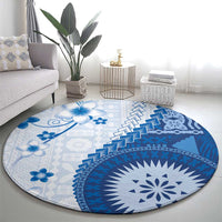 Bula Fiji Round Carpet Blue Plumeria Masi Tapa Pattern - Polynesian Pride