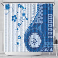 Bula Fiji Shower Curtain Blue Plumeria Masi Tapa Pattern - Polynesian Pride