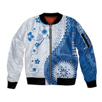 Bula Fiji Sleeve Zip Bomber Jacket Blue Plumeria Masi Tapa Pattern LT05 Unisex Blue - Polynesian Pride