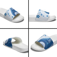 Bula Fiji Slide Sandals Blue Plumeria Masi Tapa Pattern - Polynesian Pride