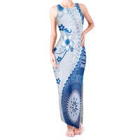 Bula Fiji Tank Maxi Dress Blue Plumeria Masi Tapa Pattern - Polynesian Pride