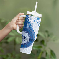 Bula Fiji Tumbler With Handle Blue Plumeria Masi Tapa Pattern - Polynesian Pride