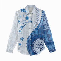 Bula Fiji Women Casual Shirt Blue Plumeria Masi Tapa Pattern - Polynesian Pride