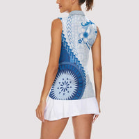 Bula Fiji Women Sleeveless Polo Shirt Blue Plumeria Masi Tapa Pattern - Polynesian Pride