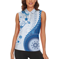 Bula Fiji Women Sleeveless Polo Shirt Blue Plumeria Masi Tapa Pattern - Polynesian Pride