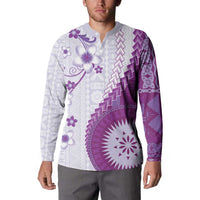 Bula Fiji Button Sweatshirt Violet Plumeria Masi Tapa Pattern - Polynesian Pride