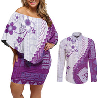 Bula Fiji Couples Matching Off Shoulder Short Dress and Long Sleeve Button Shirt Violet Plumeria Masi Tapa Pattern LT05 Violet - Polynesian Pride