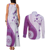 Bula Fiji Couples Matching Tank Maxi Dress and Long Sleeve Button Shirt Violet Plumeria Masi Tapa Pattern LT05 - Polynesian Pride