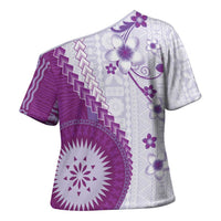 Bula Fiji Cross Shoulder Shirt Violet Plumeria Masi Tapa Pattern - Polynesian Pride