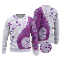 Bula Fiji Ugly Christmas Sweater Violet Plumeria Masi Tapa Pattern - Polynesian Pride