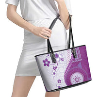 Bula Fiji Leather Tote Bag Violet Plumeria Masi Tapa Pattern LT05 - Polynesian Pride