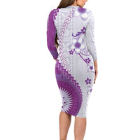 Bula Fiji Long Sleeve Bodycon Dress Violet Plumeria Masi Tapa Pattern - Polynesian Pride