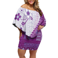 Bula Fiji Off Shoulder Short Dress Violet Plumeria Masi Tapa Pattern LT05 Women Violet - Polynesian Pride