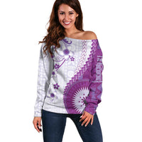 Bula Fiji Off Shoulder Sweater Violet Plumeria Masi Tapa Pattern LT05 Women Violet - Polynesian Pride
