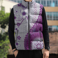 Bula Fiji Sleeveless Puffer Jacket Violet Plumeria Masi Tapa Pattern - Polynesian Pride