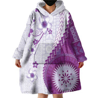 Bula Fiji Wearable Blanket Hoodie Violet Plumeria Masi Tapa Pattern - Polynesian Pride