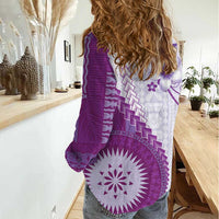 Bula Fiji Women Casual Shirt Violet Plumeria Masi Tapa Pattern - Polynesian Pride