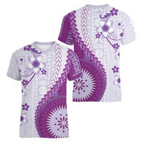 Bula Fiji Women V-Neck T-Shirt Violet Plumeria Masi Tapa Pattern - Polynesian Pride