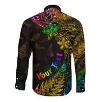 Personalised New Zealand Wellington Pride Long Sleeve Button Shirt Rainbow Silver Fern Paua Shell LT05 - Polynesian Pride