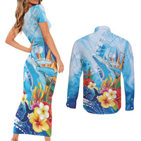Polynesia Humpback Whale Couples Matching Short Sleeve Bodycon Dress and Long Sleeve Button Shirt Ocean Style