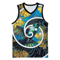New Zealand Tui Bird Basketball Jersey Maori Koru With Kowhai Flowers