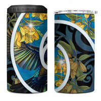 New Zealand Tui Bird 4 in 1 Can Cooler Tumbler Maori Koru With Kowhai Flowers