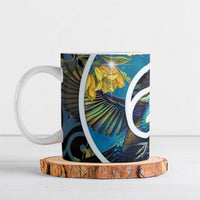 New Zealand Tui Bird Ceramic Mug Maori Koru With Kowhai Flowers