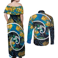 New Zealand Tui Bird Couples Matching Off Shoulder Maxi Dress and Long Sleeve Button Shirt Maori Koru With Kowhai Flowers