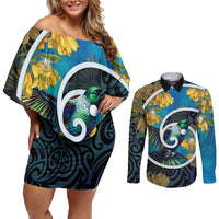 New Zealand Tui Bird Couples Matching Off Shoulder Short Dress and Long Sleeve Button Shirt Maori Koru With Kowhai Flowers