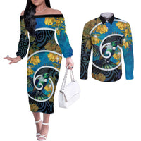 New Zealand Tui Bird Couples Matching Off The Shoulder Long Sleeve Dress and Long Sleeve Button Shirt Maori Koru With Kowhai Flowers