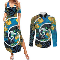 New Zealand Tui Bird Couples Matching Summer Maxi Dress and Long Sleeve Button Shirt Maori Koru With Kowhai Flowers