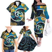New Zealand Tui Bird Family Matching Off The Shoulder Long Sleeve Dress and Hawaiian Shirt Maori Koru With Kowhai Flowers