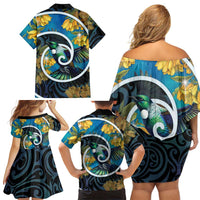 New Zealand Tui Bird Family Matching Off Shoulder Short Dress and Hawaiian Shirt Maori Koru With Kowhai Flowers