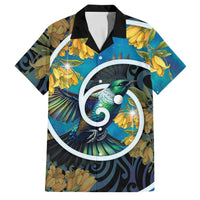 New Zealand Tui Bird Family Matching Off Shoulder Short Dress and Hawaiian Shirt Maori Koru With Kowhai Flowers