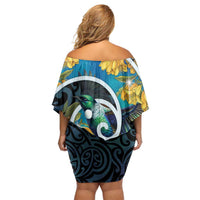 New Zealand Tui Bird Family Matching Off Shoulder Short Dress and Hawaiian Shirt Maori Koru With Kowhai Flowers
