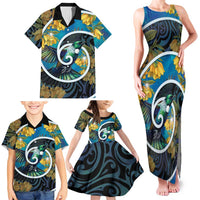 New Zealand Tui Bird Family Matching Tank Maxi Dress and Hawaiian Shirt Maori Koru With Kowhai Flowers