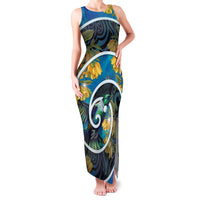 New Zealand Tui Bird Family Matching Tank Maxi Dress and Hawaiian Shirt Maori Koru With Kowhai Flowers