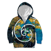 New Zealand Tui Bird Kid Hoodie Maori Koru With Kowhai Flowers