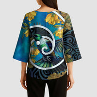 New Zealand Tui Bird Kimono Sleeve Blouse Maori Koru With Kowhai Flowers